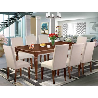 Bohemian Dining Set - 9Pc Rectangle Table & 8 Chairs - 60/78 Inch Table with Leaf - Linen Fabric Cream