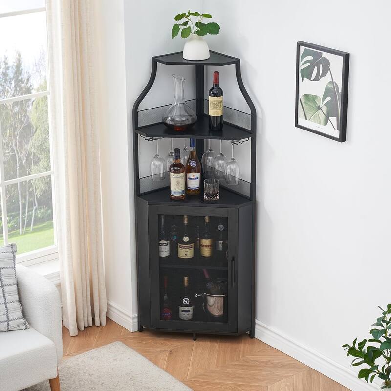 Corner Wine Cabinet with Detachable Wine Rack, 5-Tier Industrial Corner Bar Cabinet