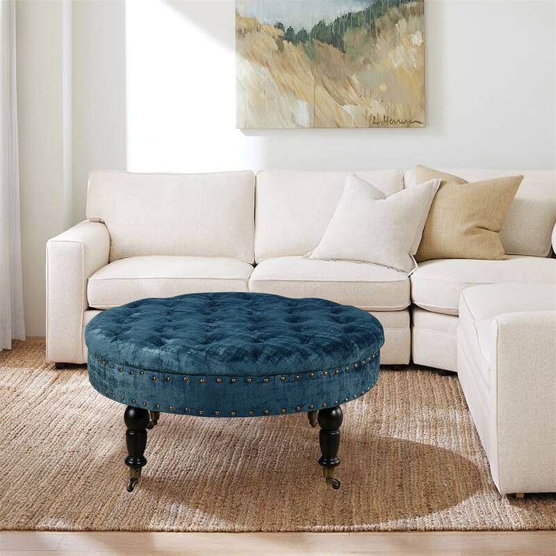 Round Velvet Tufted Coffee Table Ottoman, 34" x 34" x 17" H