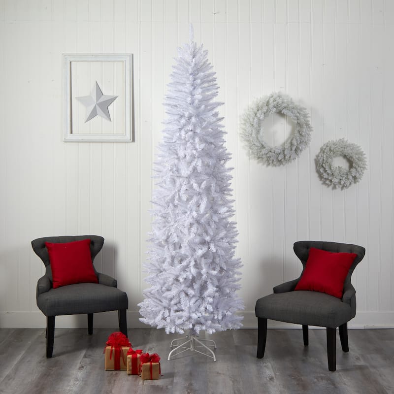 8ft. Slim White Artificial Christmas Tree with 400 Warm White LED Lights & 1348 Branches - Modern Holiday X-Mas Glow