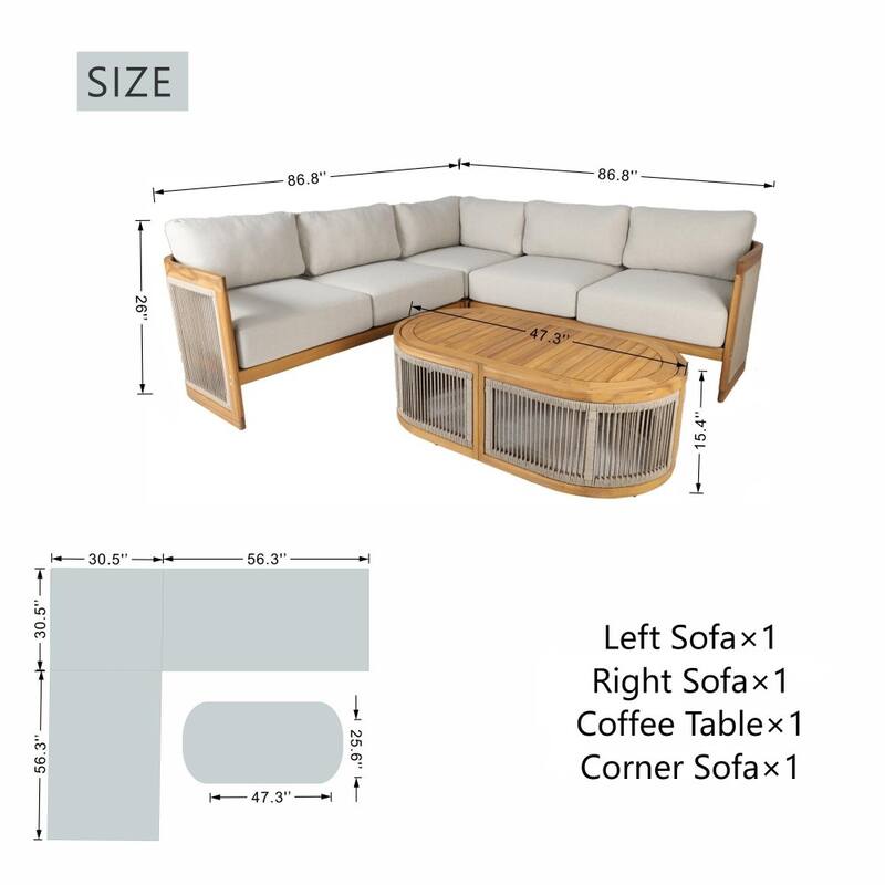 Modern Outdoor Modular Woven Conversation Sofa Set with Acacia Frame and Oval Coffee Table