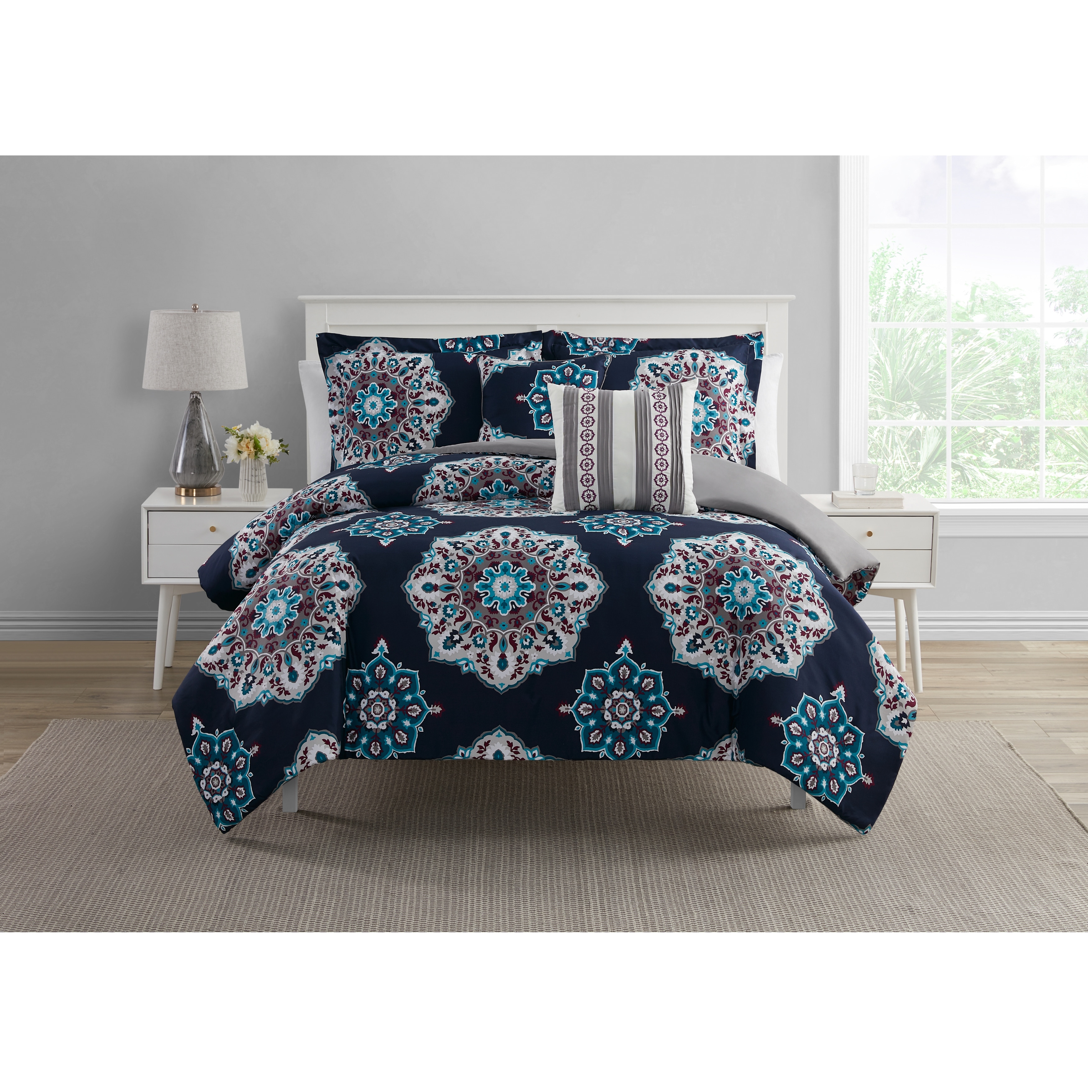 Shop Sosa Navy Plum Teal Gray Medallion 5 Piece Comforter Set Overstock 31798434 Teal White Grey Full Queen