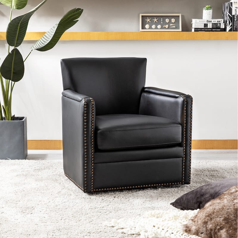 Pascual Classic Genuine Leather Swivel Chair With Nailhead Trim Arm by HULALA HOME - Black