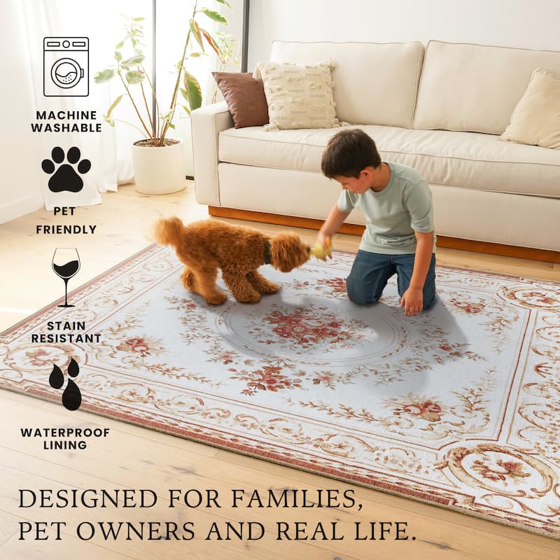 My Magic Carpet Aubusson Beige Machine Washable Rug