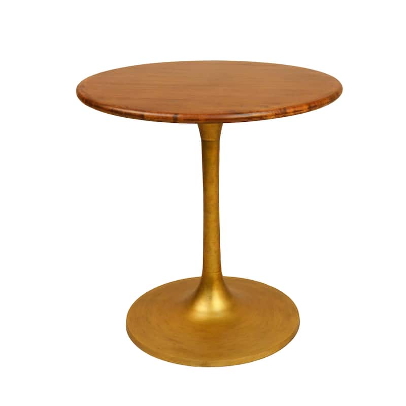 HomeRoots 30" Brown and Gold Rounded Solid Wood and Iron Pedestal Base Dining Table