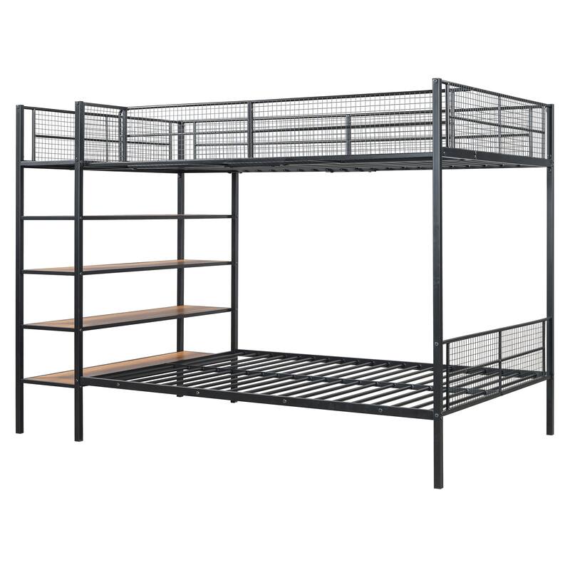 Twin Over Full Metal Bunk Bed with 5-Tier Shelves, 92.7"L x 56"W x 67"H