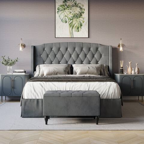 CraftPorch 2 Piece Bedroom Bench Set Velvet Wingback Upholstered Bed