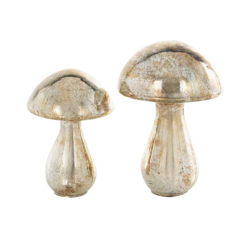 Glass Mushroom Glossy Weathered Decorative Sculpture - Set of 2 Green, Gold, Champane- Roche River Decor - Champagne - 12", 10"H