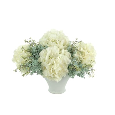 Hydrangea and Seeded Eucalyptus Floral Arrangement in Round Ceramic Vase - Cream, Aqua, Teal