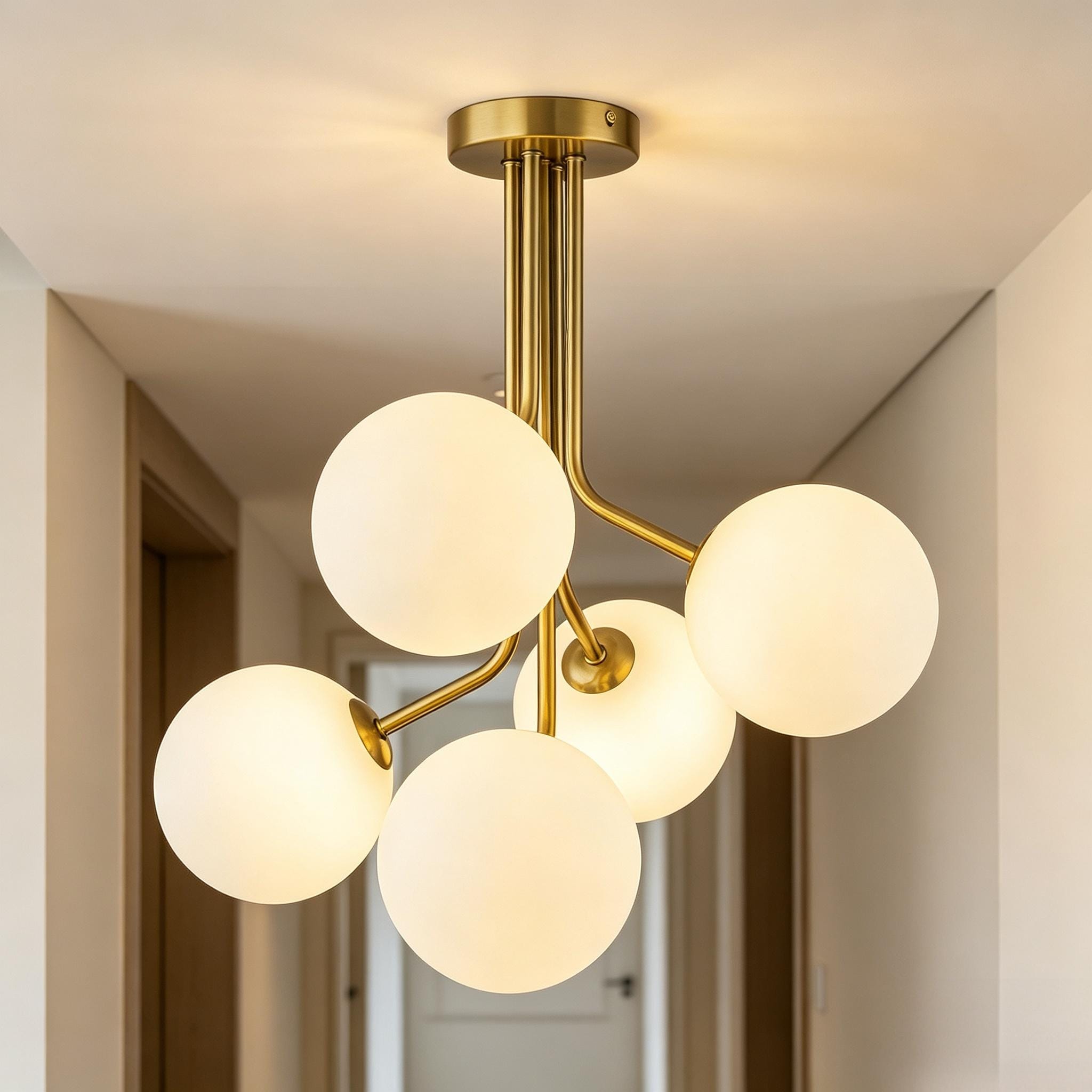 Rennnsan Modern 5-Light Brass Milky Glass Semi Flush Mount Ceiling Light for Dining Room - 5