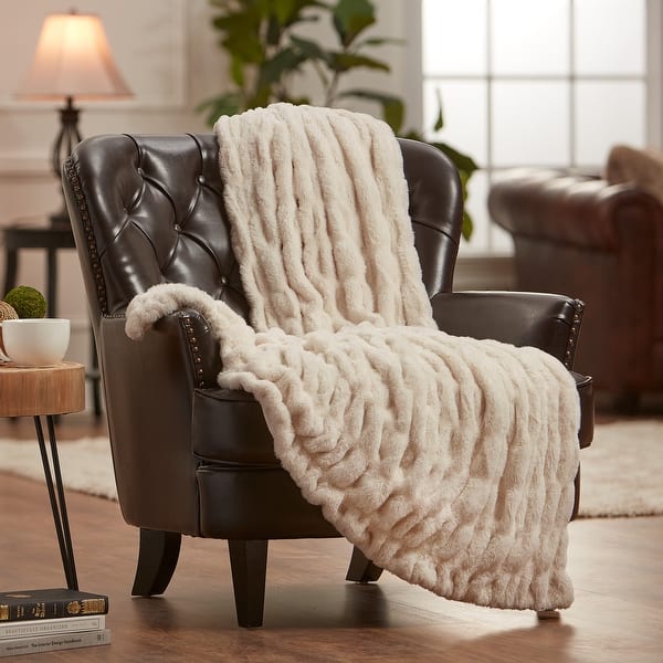 Chanasya Ruched Faux Fur Throw Blanket With Reversible Mink