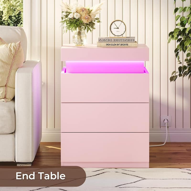 Bedroom Nightstand Charging Station LED Lights Sliding Top 3 Drawers