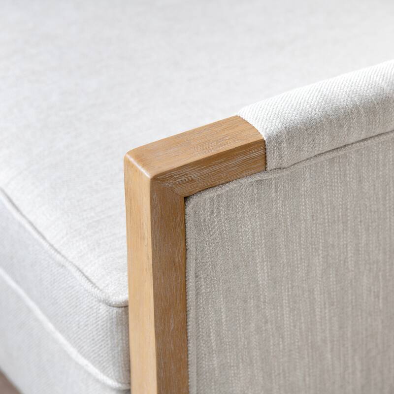 Beige Upholstered Accent Arm Chair with Tan Solid Wood Frame