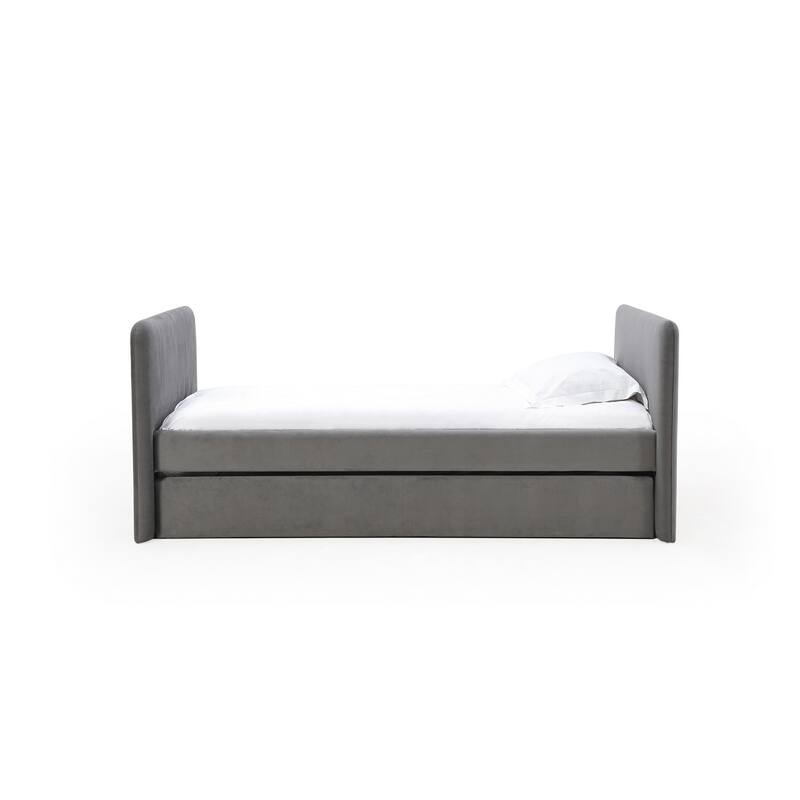 Cave Daybed, Gray Velvet Upholstery, Modern Design, Caster Mounted Trundle