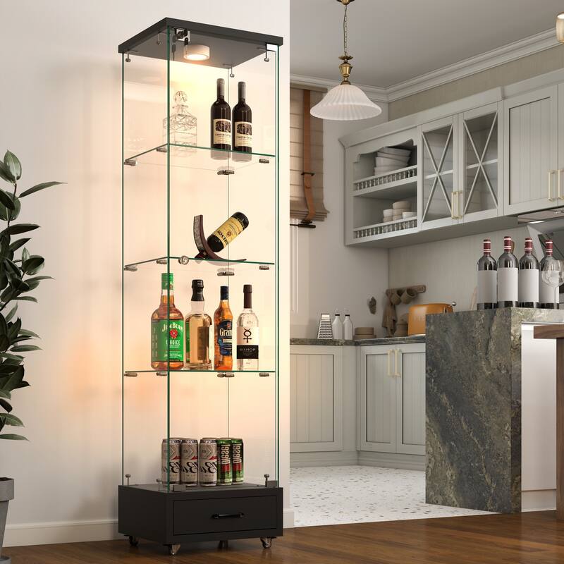 Glass Display Cabinet With Drawer,Cabinet With Led Lights,Tempered Glass Bookshelf, 1-Door Storage Case With 4 Shelves
