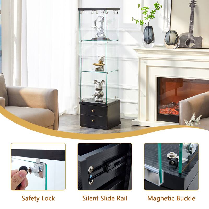 Glass Display Cabinet (0.2" Tempered Glass) - Soft-Close Drawer Slides 3 Adjustable Shelves, Ideal for Display & Storage