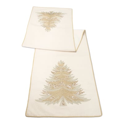 Cotton Polyester Table Runner with Beaded Pine Tree Design