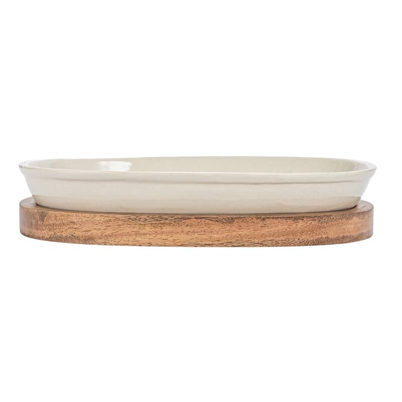 Stoneware Serving Dish with Mango Wood Base
