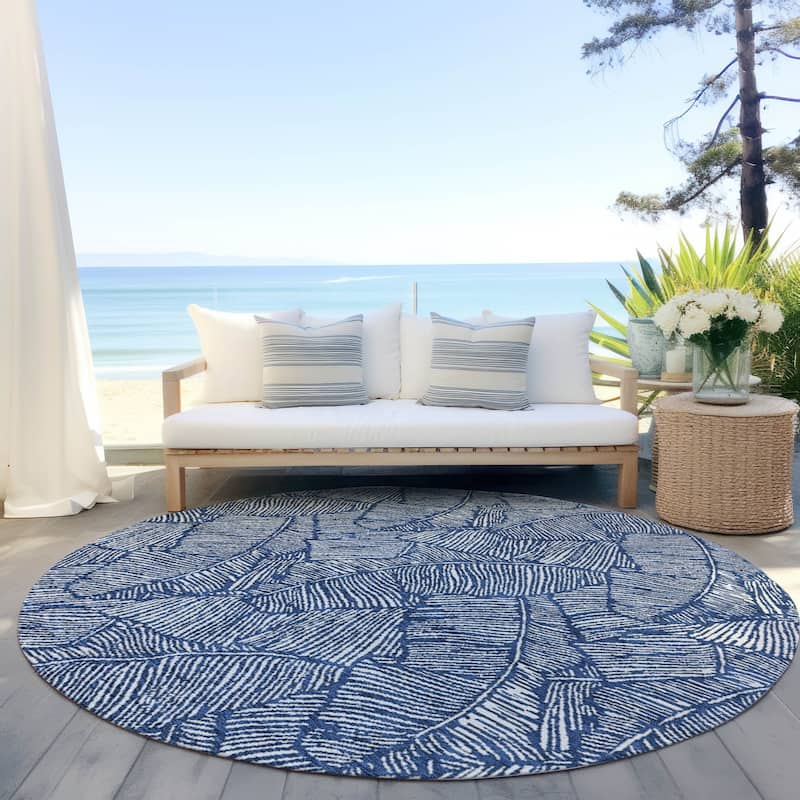 Machine Washable Indoor/ Outdoor Chantille Tropical Palm Rug - Navy - 8' x 8'