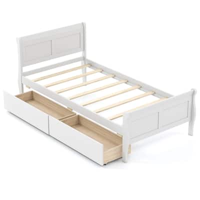 Twin Size Wooden Sleigh Platform Bed with 2 Under-Bed Drawers Included Headboard and Footboard