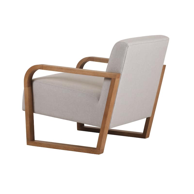 27 Inch Accent Chair, Cushioned Seat and Back, Beige Linen, Brown Wood