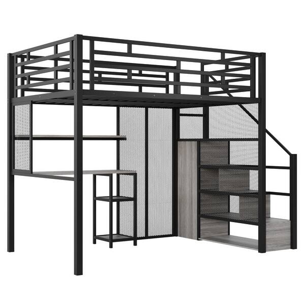 slide 2 of 32, Space-Saving Design Full Size Metal Loft Bed with Desk,Full-Length Guardrail Black