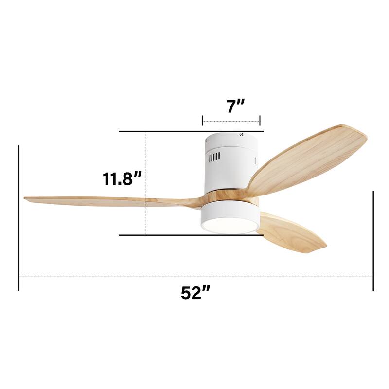 52 Inch Flush Mount Ceiling Fan DC 3 Solid Wood Fan Blade Noiseless Reversible Motor Remote Control With Light - White