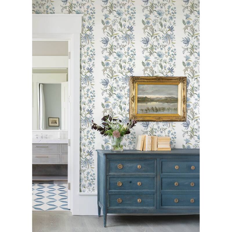 A-Street Prints Teonna Blue Floral Stripe Wallpaper