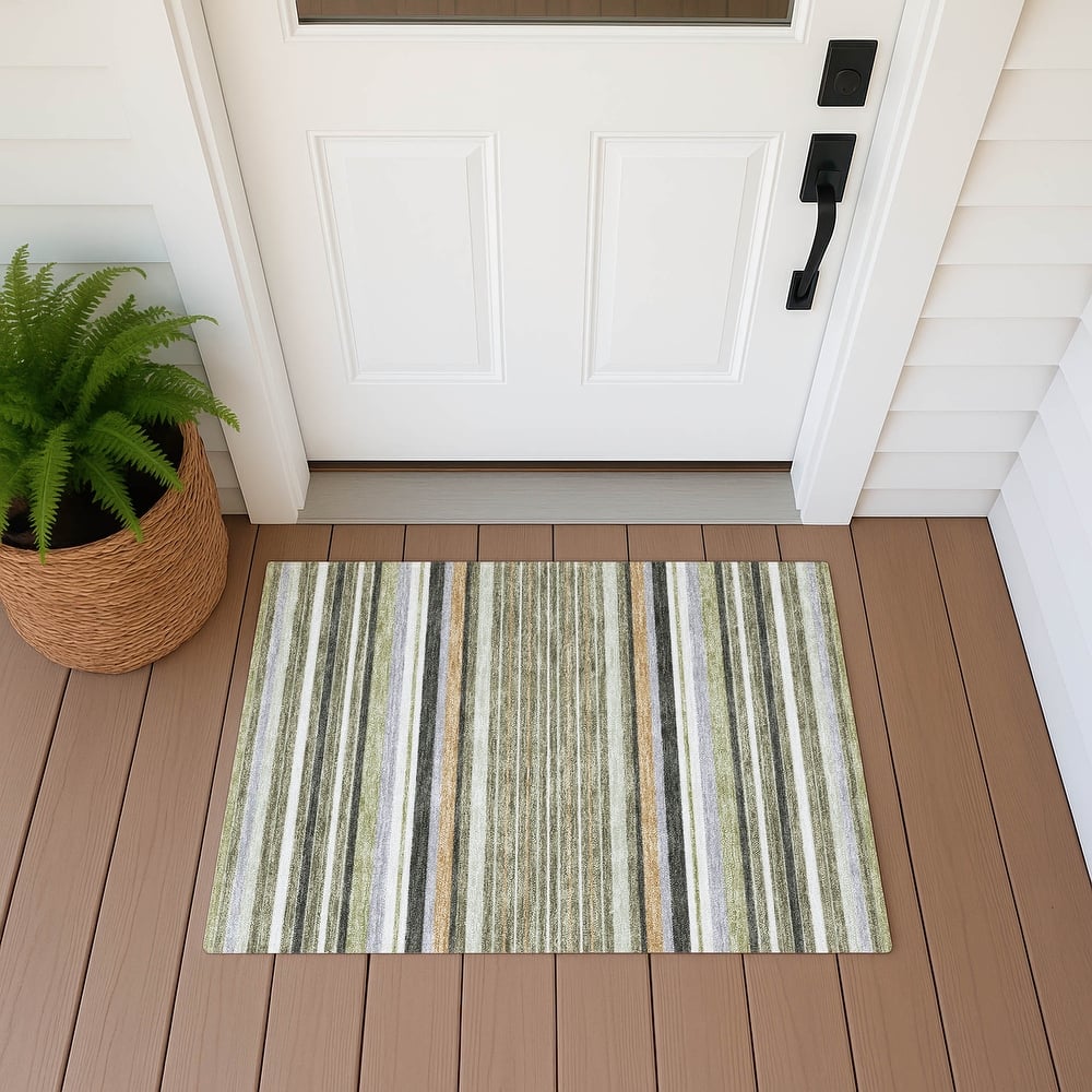 Machine Washable Indoor/ Outdoor Modern Stripes Chantille Rug