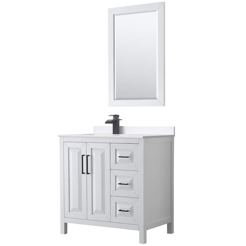 Daria 36-inch Single Vanity, Cultured Marble Top, 24-inch Mirror - White, Black Trim, White Cultured Marble Top