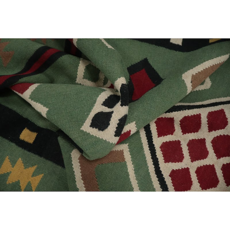 Hand Woven Oriental 100% Wool Carpet Southwestern Tribal Green Kilim Area Rug - 9' 8'' X 5' 1''
