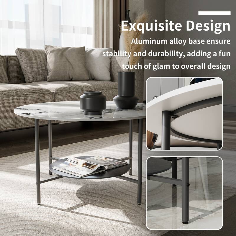 Round Coffee Table 31.5" Coffee Tables for Living Room High Glossy Faux Marble Cocktail Table with Storage Open Shelf