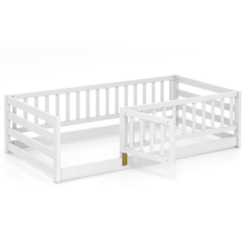 Gymax Twin Size Floor Bed w/High Fence & Door Safety Guardrails Wood