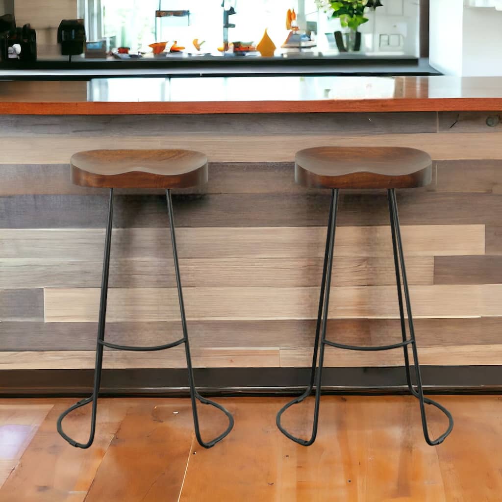 HomeRoots Set of Two 31" Chestnut And Black Steel Backless Bar Height Bar Chairs