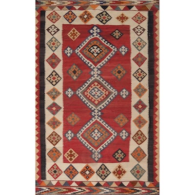 Kilim Qashqai Persian Vintage Rug Hand-Woven Red Wool Carpet - 5'4"x 8'3"