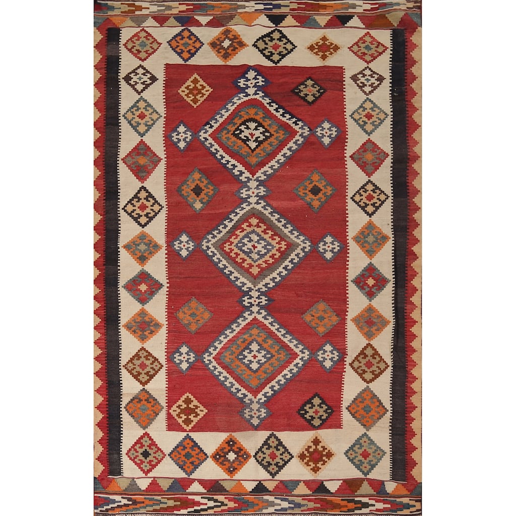 Kilim Qashqai Persian Vintage Rug Hand-Woven Red Wool Carpet - 5'4"x 8'3"