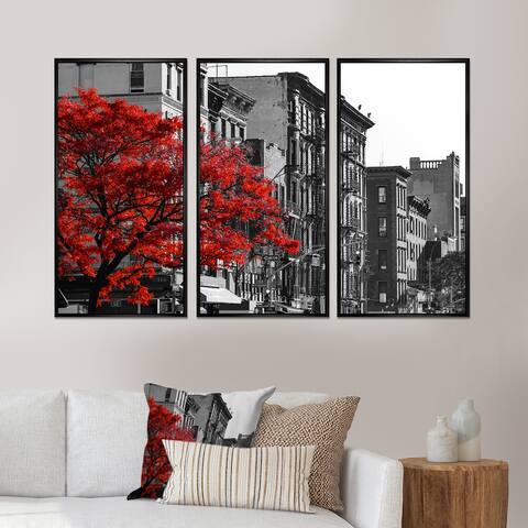Designart 'Red Tree on Black and White New York City Street' Cityscape Framed Art Prints Set of 3 - 4 Colors of Frames