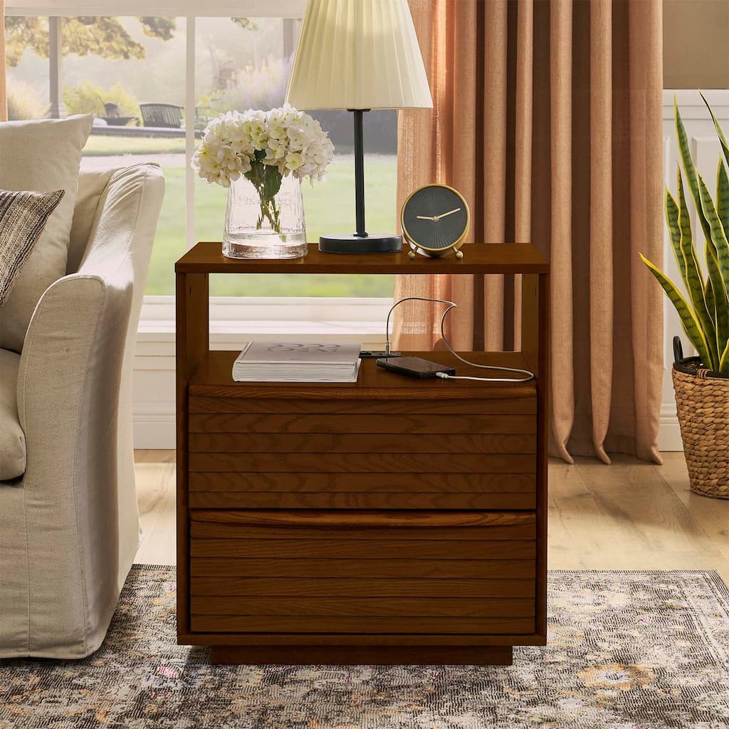 Mid Century Nightstand with Charging Station,Outlet,and 2 Wood Drawers,Louver Design for Living Room,Dorm