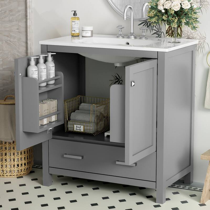 Bathroom Vanity with Single Sink, Bathroom Storage Cabinet with 2 Doors and 1 Drawer, Bathroom Vanities with Solid Wood Frame