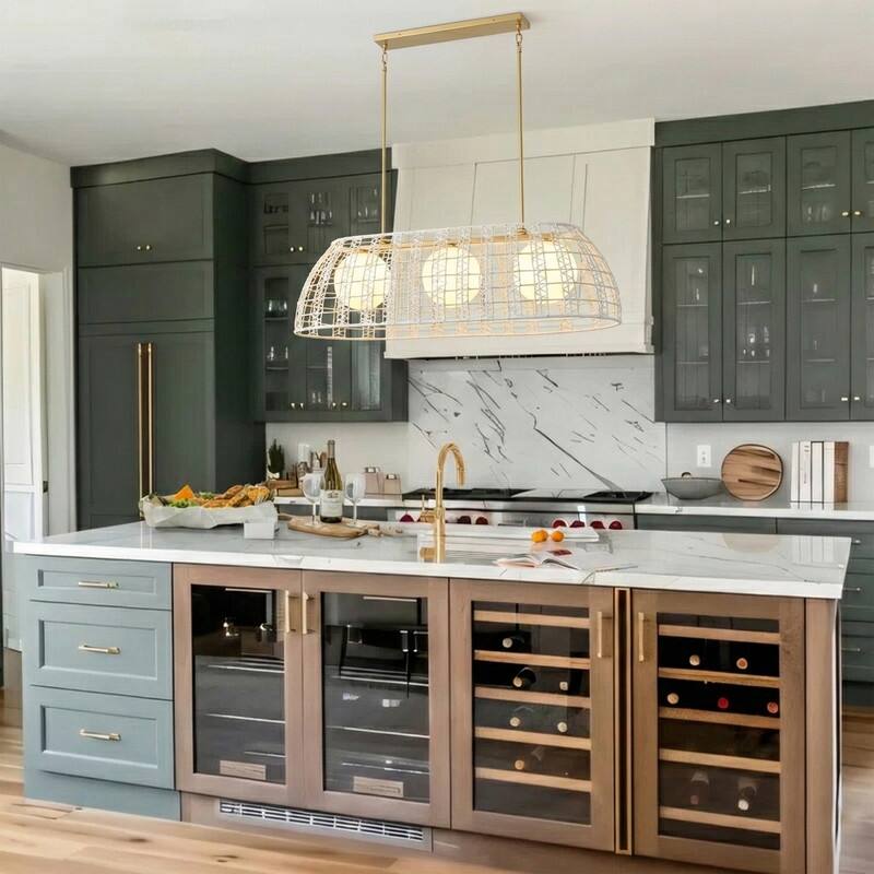 Modern White Cotton String Cage 3-Light Kitchen Island Pendant with Painted Gold Iron Frame