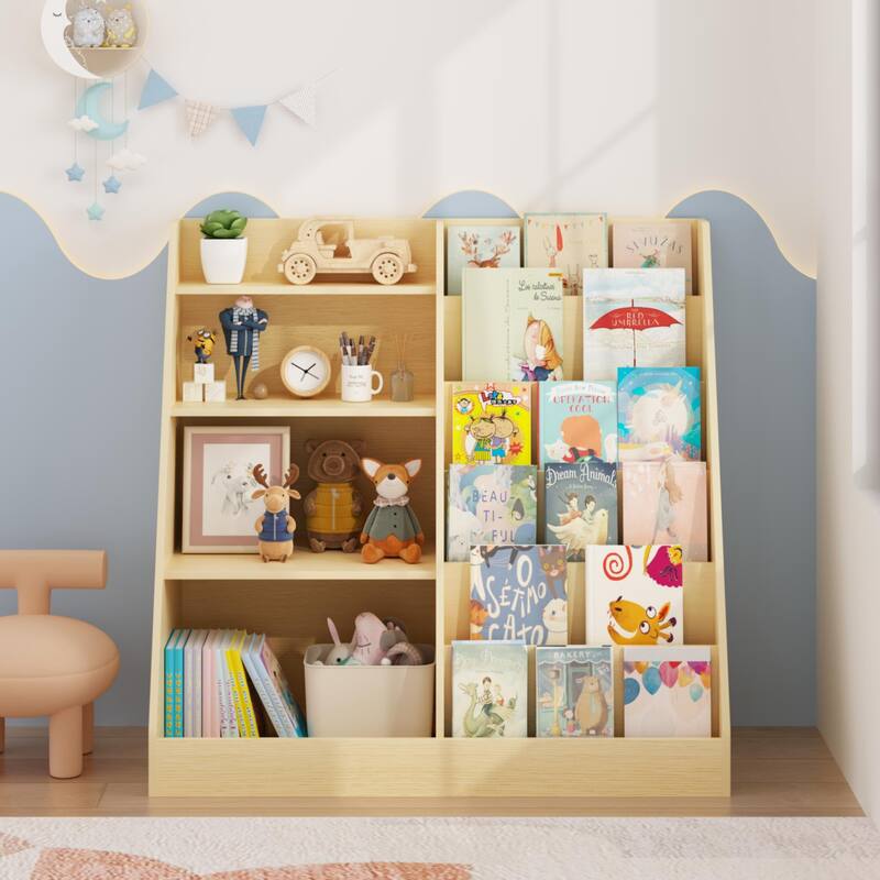 Kids Bookshelf and Toy Storage Organizer, Multifunctional 4 Tier Wooden Kids Book Shelf with Bookcase Display Stand