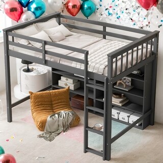 Modern Twin Size Loft Bed With 8 Open Storage Shelves and Built-in Ladder for Bedroom