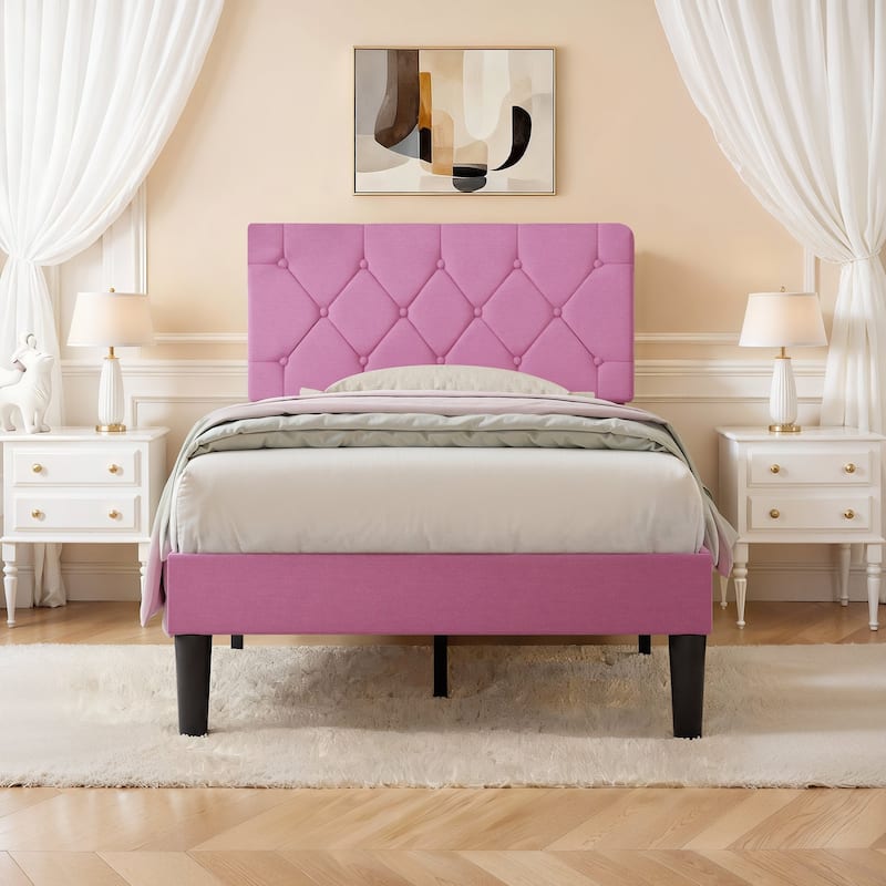 VECELO Tufted Upholstered Linen Bed Platform Bed Frame with Upholstered Headboard, Button Tufted Design - Pink - Twin