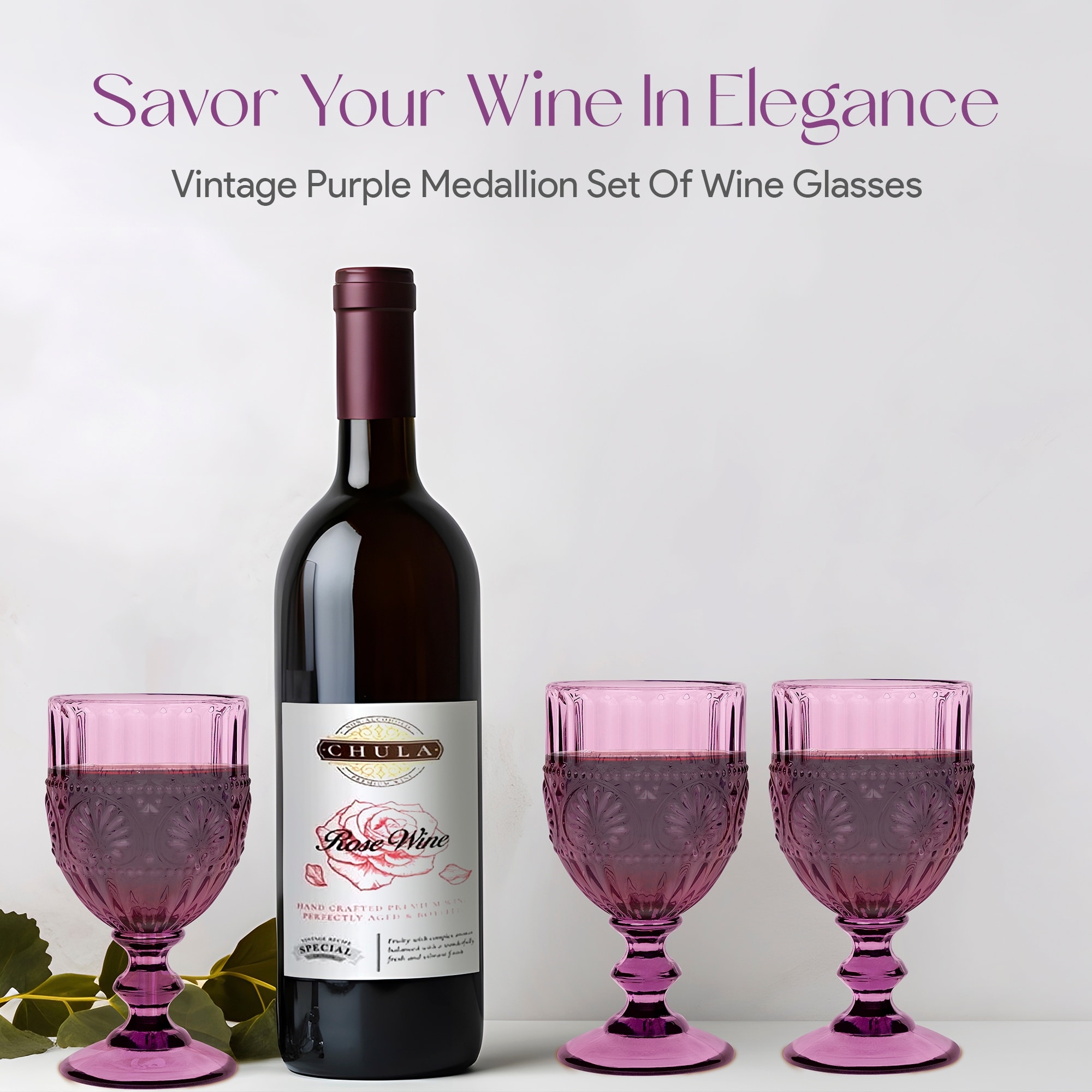 American Atelier Vintage Beaded Wine Glasses Set of 4, 9 oz Wine Goblets  Vintage Style Glassware, Water Cups Embossed Design Dishwasher Safe, Purple