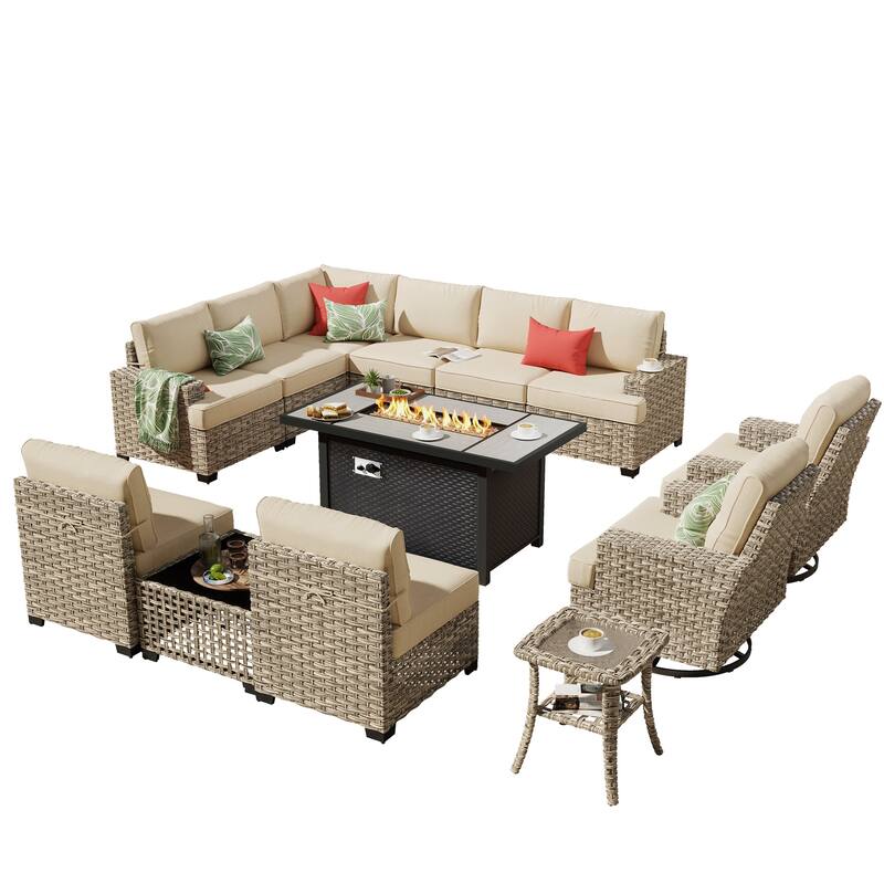 HOOOWOOO 13-piece Outdoor Wicker Furniture Swivel Chair Set with 54" Fire Pit Table