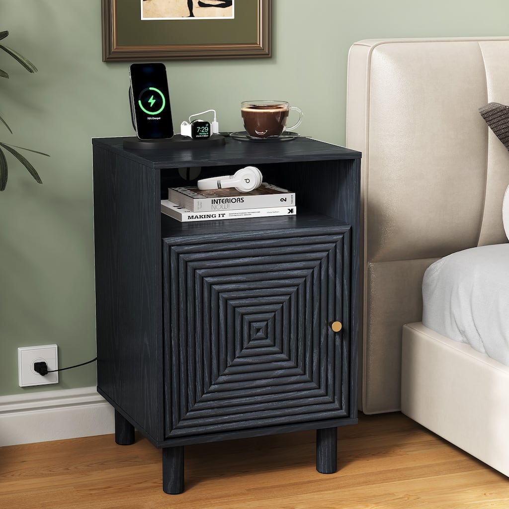 Nightstand with Charging Station and Solid Wood Legs