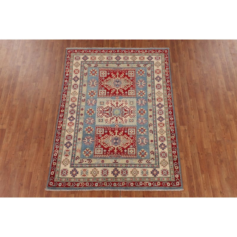 Blue Kazak Oriental Area Rug Handmade Floral Wool Carpet - 4'11" x 6'10"