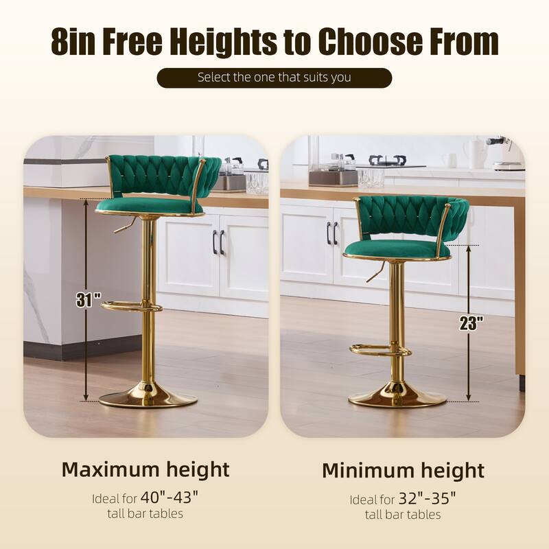 HOMEFUN Velvet Adjustable Height Swivel Armless Bar Stools With Golden Footrest(set of 2)