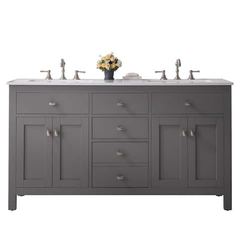 Totti Artemis 60" Gray Transitional Double Sink Bathroom Vanity w White Carrara Style Man-Made Stone Top