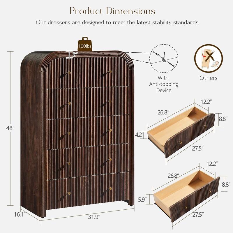 Modern Fluted 5 Drawers Dresser, Wood Chest of Drawers for Bedroom